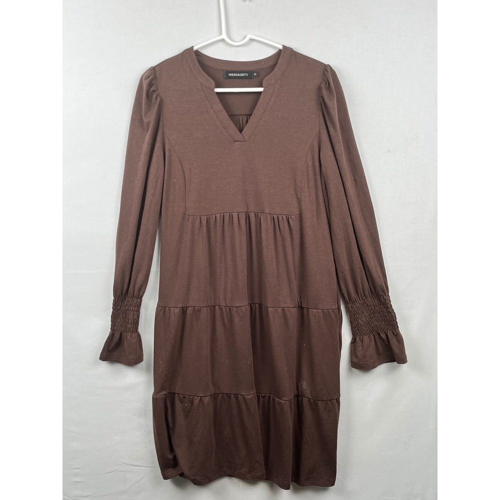 MEROKEETY‎ Tiered Mini Dress Womens Small Long Sleeve V-Neck Smocked Cuff Brown
